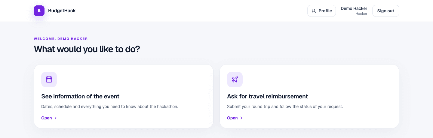 Hacker home page with options to see event information or ask for travel reimbursement